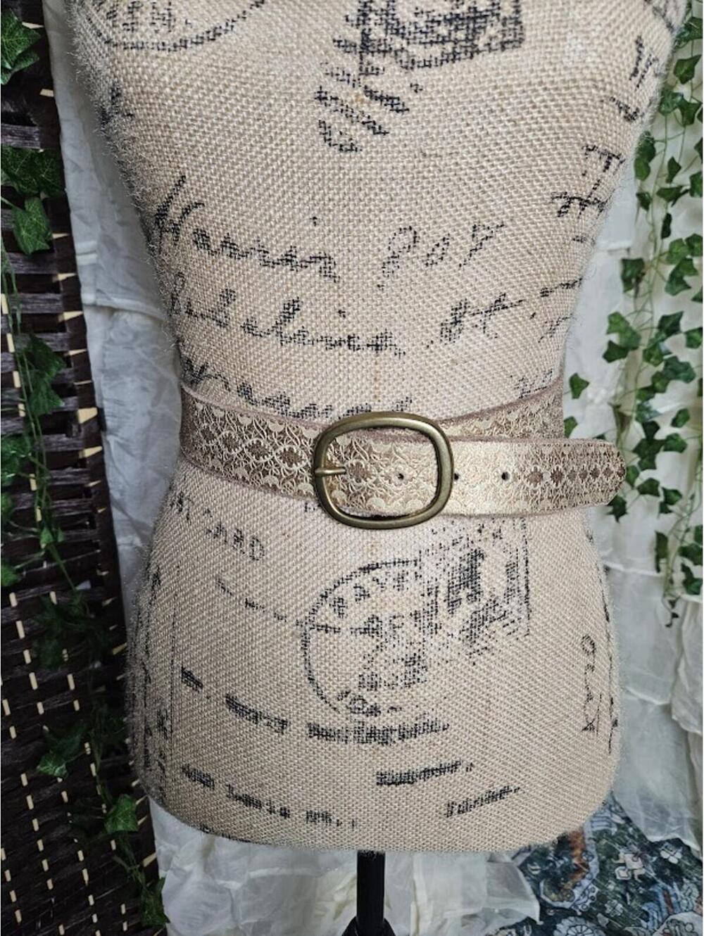 Genuine Leather Cream & Gold Embossed Belt Boho Floral Brass Buckle